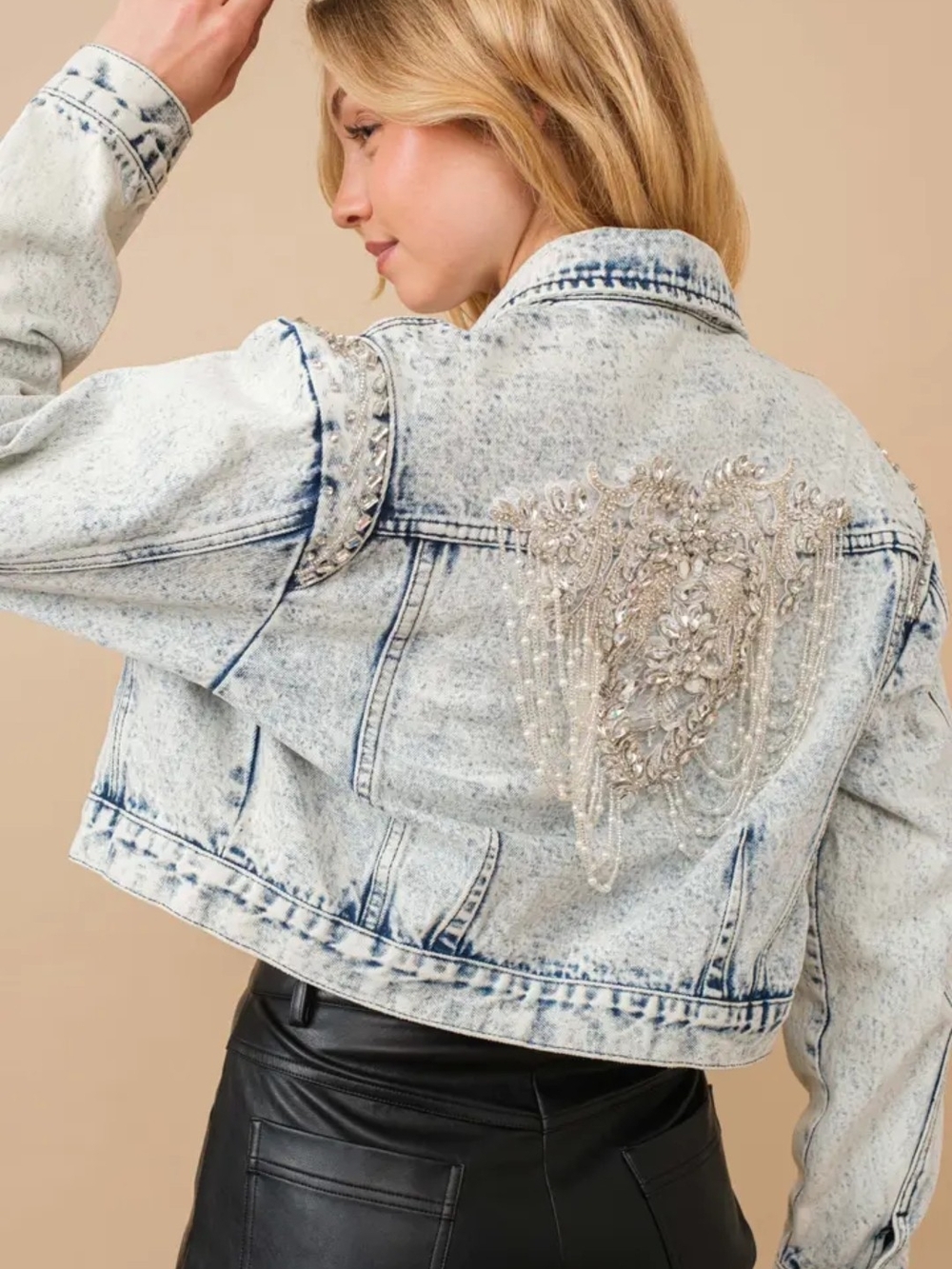 BLUE b Embellished Light Blue Acid-Wash Denim Jacket